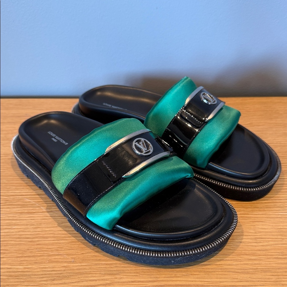 Louis Vuitton Emerald and Black Slide Sandals